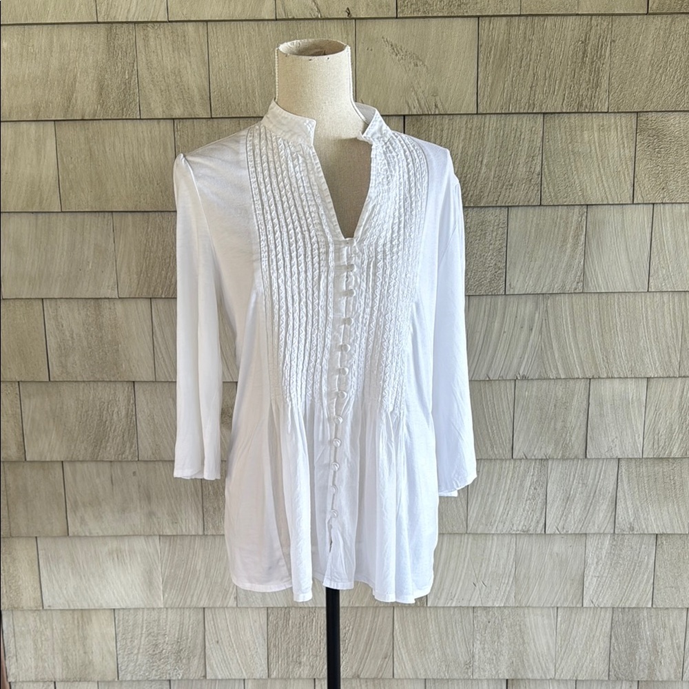 Coldwater Creek White Pleated Blouse with Mandarin Collar